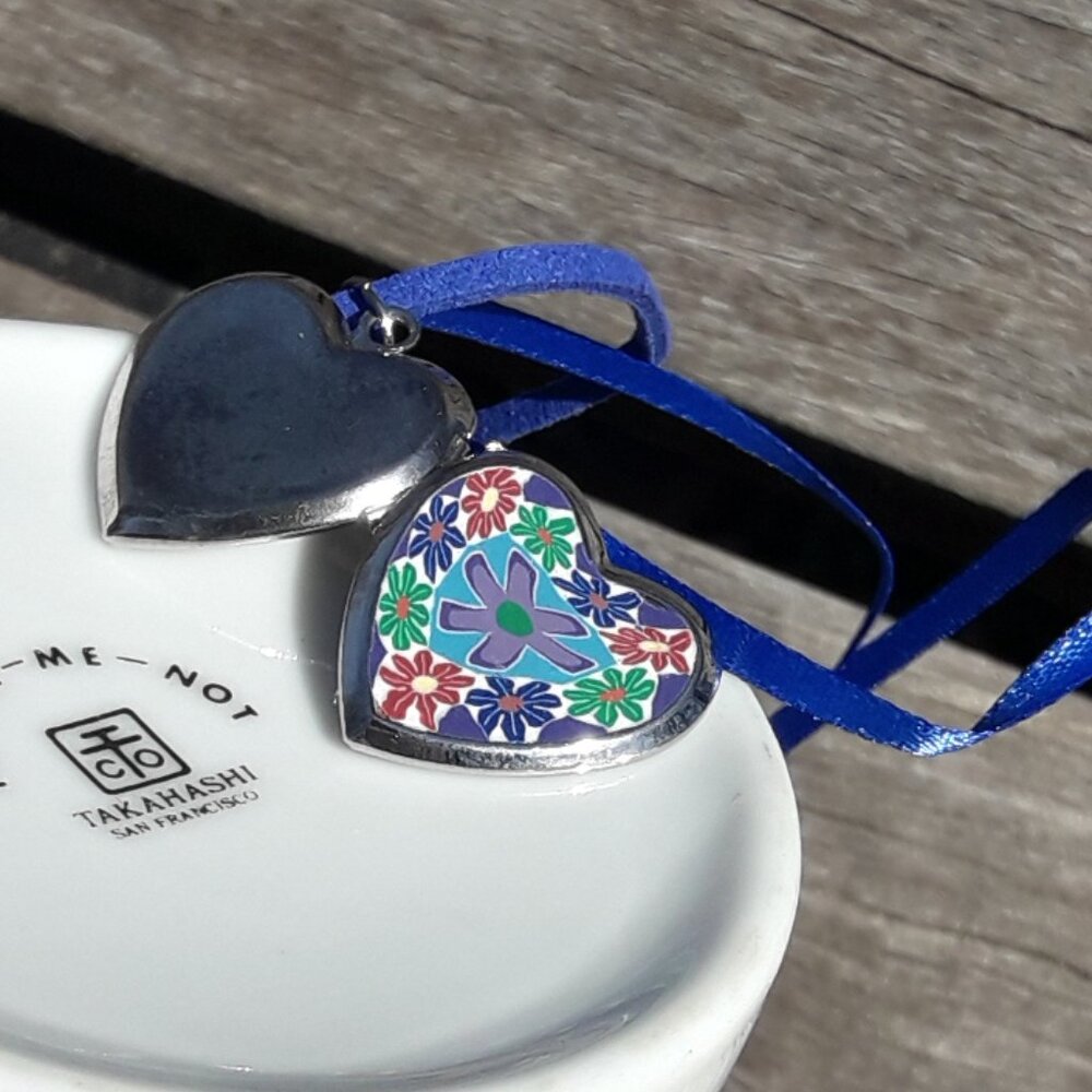 🩷 Locket Pendant Necklace Heart Shaped Murano Italy Millefiori Glass - Picture 12 of 14